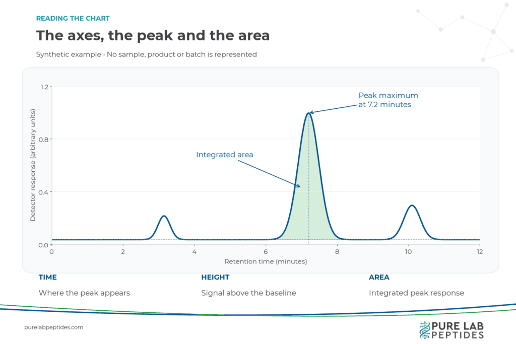 Synthetic chromatogram showing retention time on the horizontal axis, detector response on the vertical axis, a peak maximum and shaded integrated peak area.